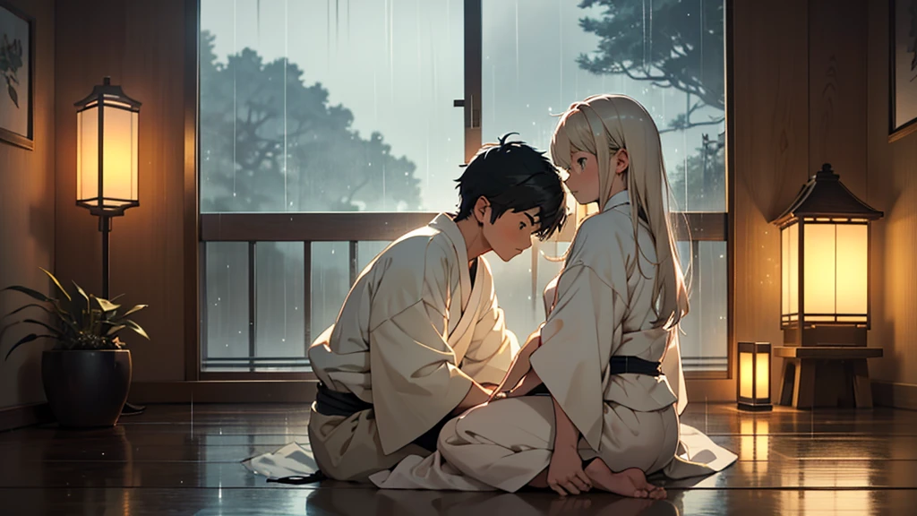 In a cozy Japanese room, anime-style, a boy and girl are sitting on the floor, listening to music. Outside the large window, it’s raining gently, but inside, everything is warm and illuminated by soft lamp light. Make sure the rain is only outside, while the interior remains calm and peaceful. Use soft pastel colors and a minimalist aesthetic.
