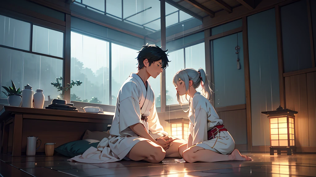 In a cozy Japanese room, anime-style, a boy and girl are sitting on the floor, listening to music. Outside the large window, it’s raining gently, but inside, everything is warm and illuminated by soft lamp light. Make sure the rain is only outside, while the interior remains calm and peaceful. Use soft pastel colors and a minimalist aesthetic.
