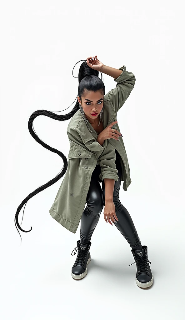 (Best Quality,4k,8k,High resolution,masterpiece:1.2),ultra detailed,(realist,photorealist,photo-realist:1.37),1 girl,hip-hop style suit,High ponytail,incredibly long hair,cowgirl pose,looking at the viewer,Leaning forward,by Santiago Caruso,by Mike Azevedo,detailed eyes,detailed lips,extremely detailed face,long eyelashes,dynamic pose,showy,vibrant colors,warm lighting