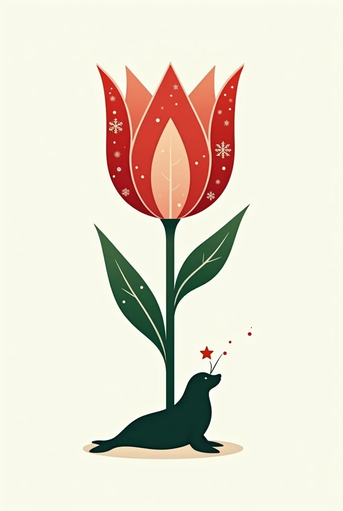 Use the shape of a stylized tulip as the base of the logo. Instead of leaves, place a small silhouette of a seal at the bottom, lying down. The tulip should have subtle decorations that evoke Christmas, such as small stars or snowflakes on its petals, and the traditional Christmas colors of red, green and white. To integrate the cell phone, place an antenna on the seal's head.