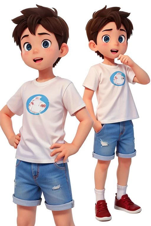 a boy explorer in various action poses and with various expressions, on a white background and in the style of a children's drawing book. Simple, friendly boy in a white t-shirt and denim shorts without glasses without  hat.