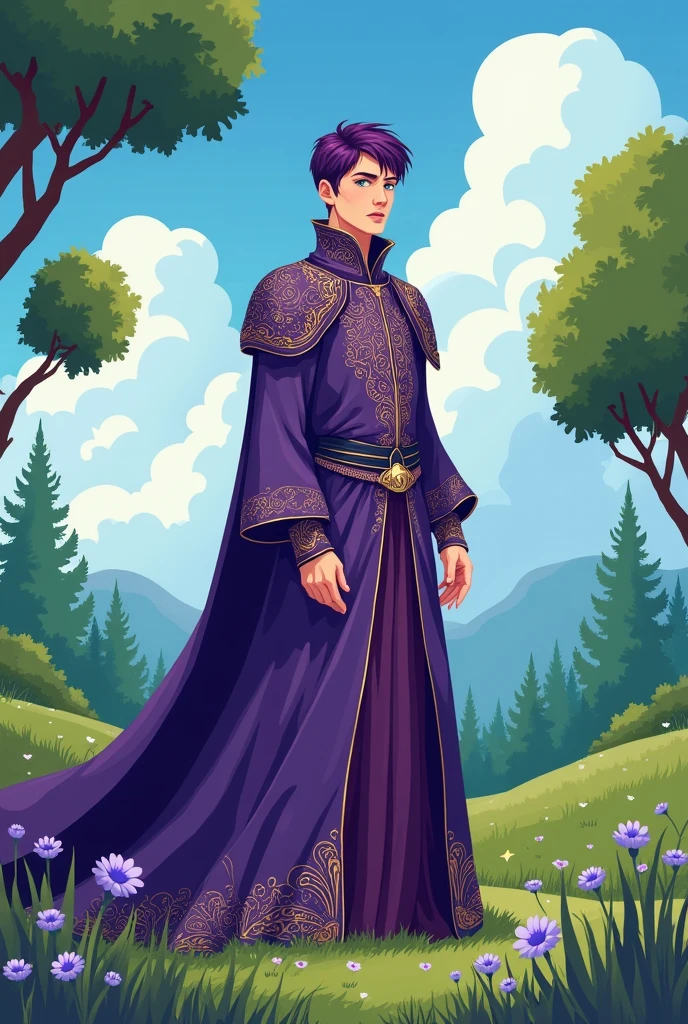 masterpiece,best quality,
ligne claire,flat color,
cowboy shot,solo focus,
1man,young man:1.3,adult,
short hair,purple and longe hair,longe hair,
Purple dress,medieval dress,
patterns,decorations,
(zentangle:1.2),
green eyes
trees,grass,blue sky,cloud,