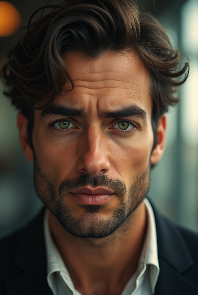 2 man His green eyes are quite penetrating and are always attentive to what is happening around him. His gaze is often serious and thoughtful.. Her eyebrows are well groomed and arched.. Her lips are quite thin, but they have an elegant and natural line, and are often curved in a wry smile. His nose is straight and proportional in size to the rest of his face.. His chin is slightly pointed., which makes him look tougher and more attractive. His face is generally attractive and well defined., and most people find him quite handsome