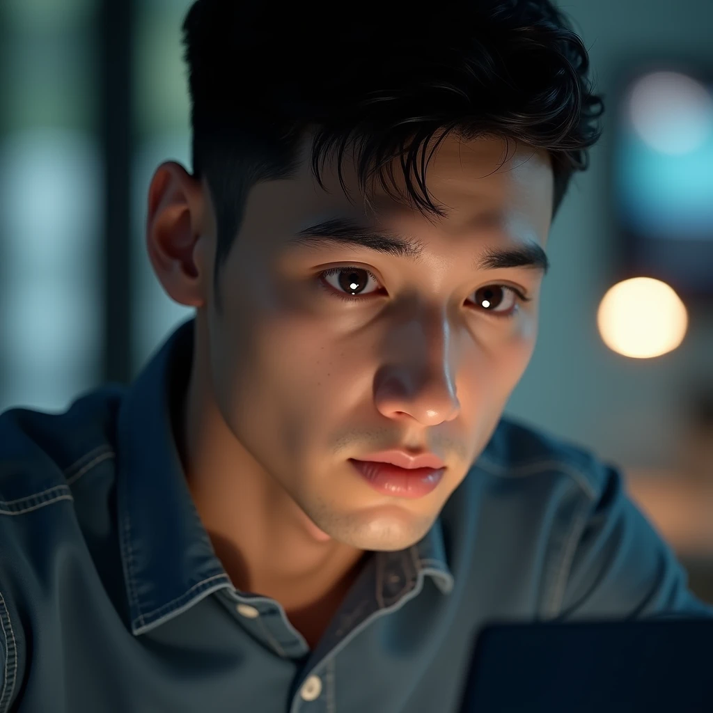 Create an ultra-realistic image of a man around 2, staring at the screen with an intense and thoughtful expression. The image should focus on facial details, including clear, bright eyes, a subtle smile, and normal facial features. The man has fair skin, short black hair, and a clean-shaven look. Every detail, from the texture of his skin to the light reflections in his eyes, should be crisp and lifelike. The background should be out of focus, enhancing the realism of his face and expression.