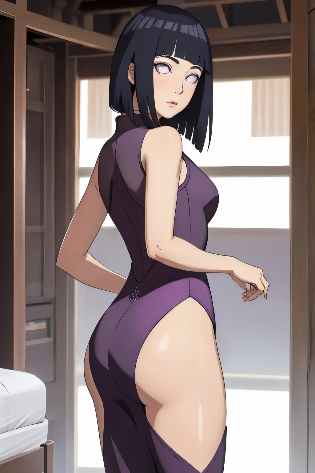 masterpiece, hinata (boruto), 1girl, solo, mature female, goddess of beauty, image from behind, perfect hips, slim waist, visible curves, chinese cheongsam, looking back at camera, perfect composition, detailed lips, beautiful face, perfect body proportion, blush, long hair,  purple eyes,  soft gaze,  super realistic, detailed, photoshoot, realistic face and body, perfect hips