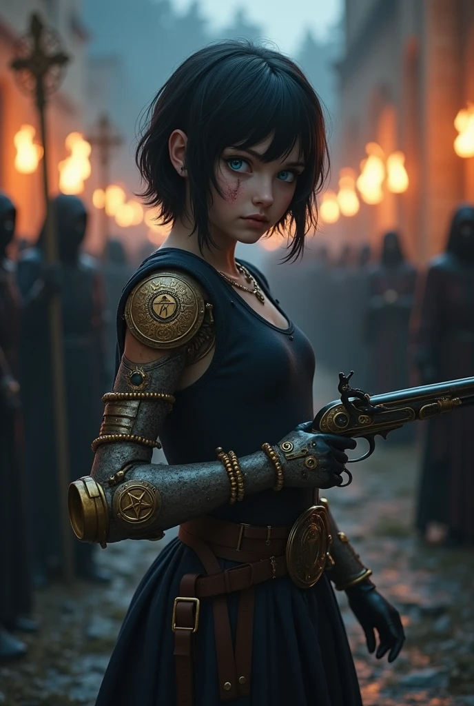 Pale girl with short black hair, from the realistic middle ages, blue eyes dark clothes, detailed steampunk left arm prosthesis, right arm holding a flintlock pistol with a pentagram, cut on the face, the night, with a religious group with fire in the background behind