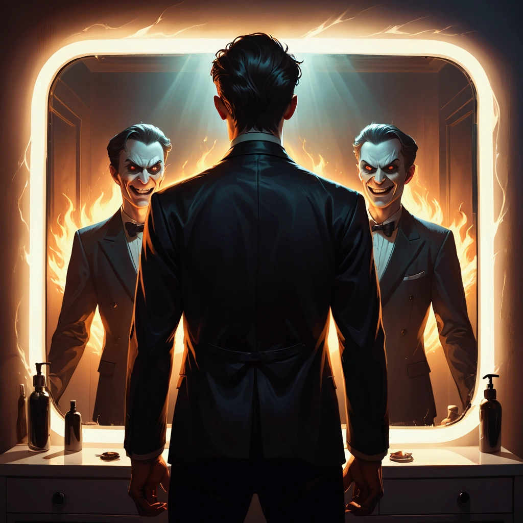 A frightened man stands with his back to the mirror, in which his reflection with an evil smile