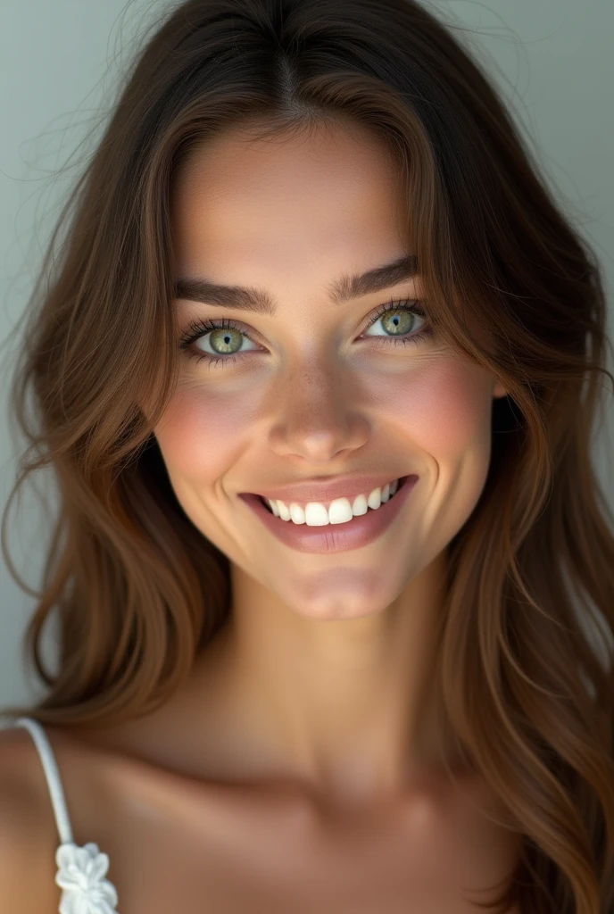 beautiful woman with green eyes long brown hair beautiful white teeth a bright smile beautiful eyebrows a perfect face with a beautiful grain above her beautiful lips