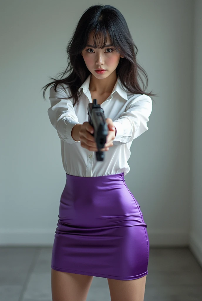 camera back view facing real person eyes open realistic beautiful japanese office lady white shirt tight mini skirt satin violet stance legs open spreading arms straighten full portrait holding rifle gun back view facing sexy legs waist level aiming target point at you