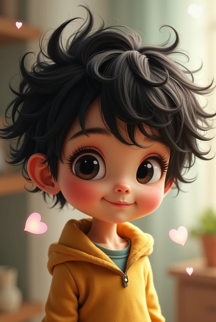 I imagine a with very special characteristics. He has dark, disheveled hair., which gives it a playful and energetic appearance. His black eyes shine with curiosity and joy, and her thin build gives her an air of fragility and sweetness. Her light brown skin tone gives her a touch of warmth and softness.. He is a child who radiates purity and innocence, with a smile that can light up any room. Would you like me to add any other details??
