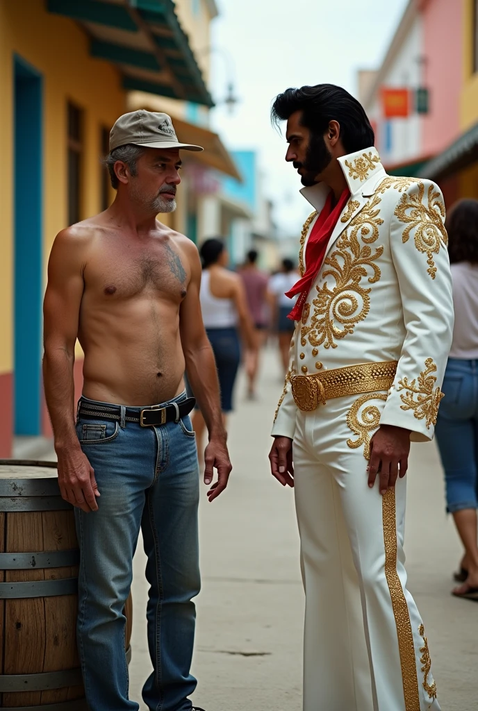 Poor guy with a big wine barrel next to Elvis Presley taking pictures at the street in Playa del Carmen. Close up
