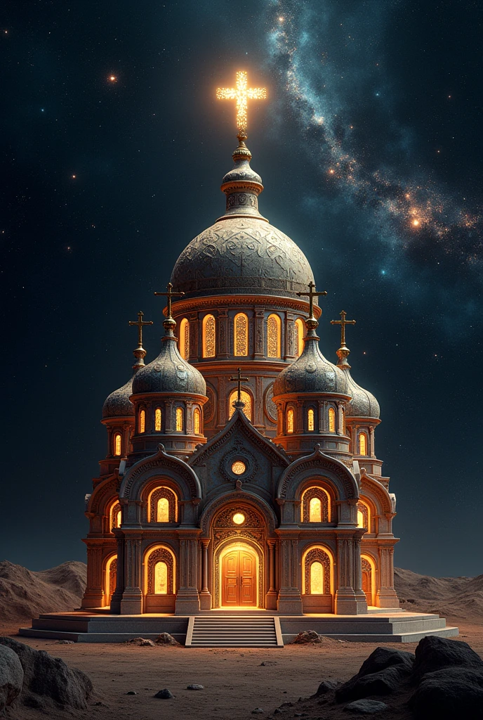 Imagine an Ethiopian Orthodox church is built on space. It has six small Dome and one middle huge dome with a cross on it, star, galaxy, moving rock .
