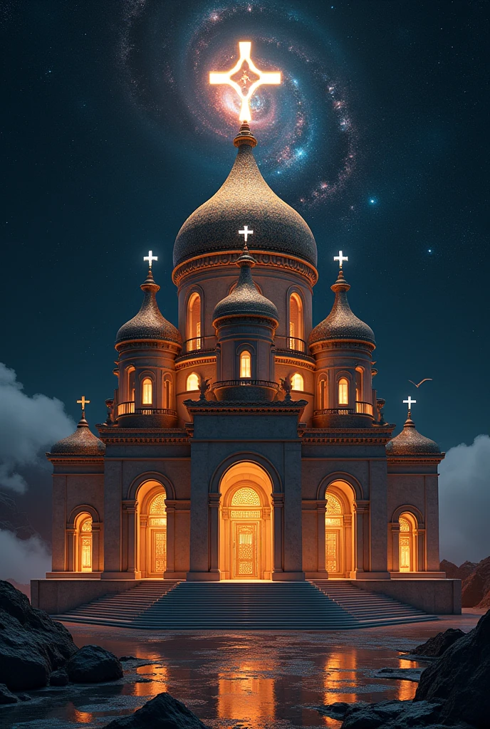 Imagine an Ethiopian Orthodox church is built on space. It has six small Dome and one middle huge dome with a cross on it, star, galaxy, moving rock .