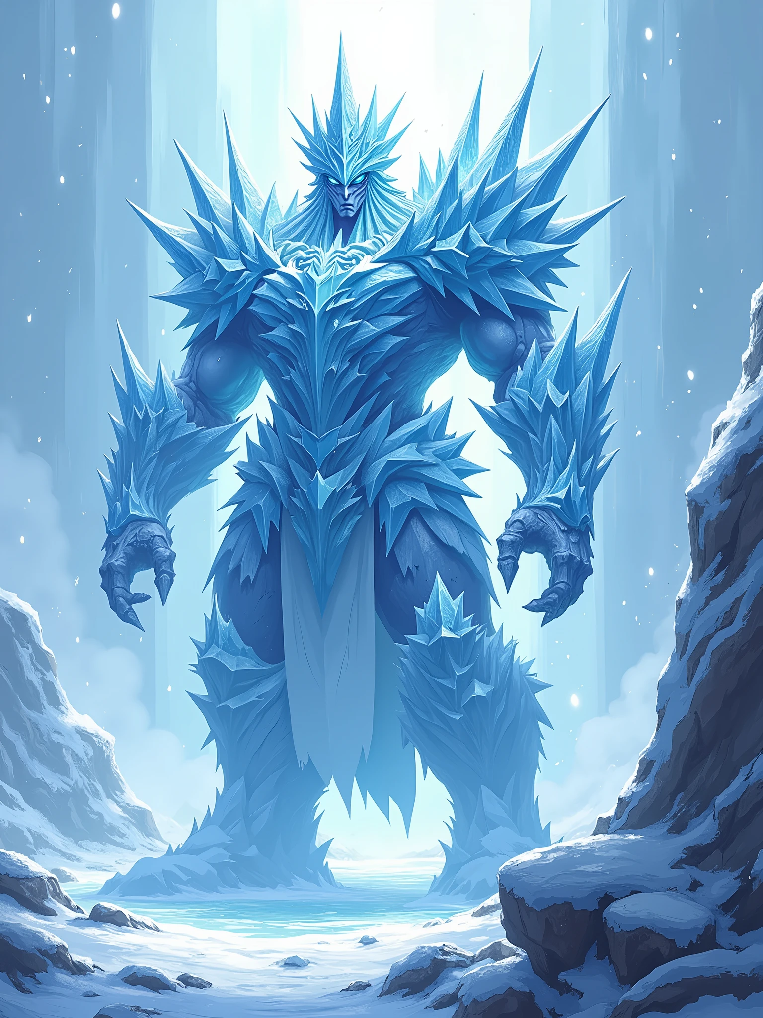 **Design a logo for "Suher" depicting the land of the Ice Castle, ruled by the Ice Knight King, a tall creature of ice spikes, with a cold, icy town background.