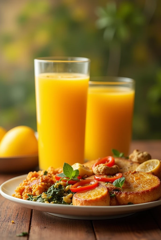 (Image of a plate of food)(a glass of mango juice) simple image 