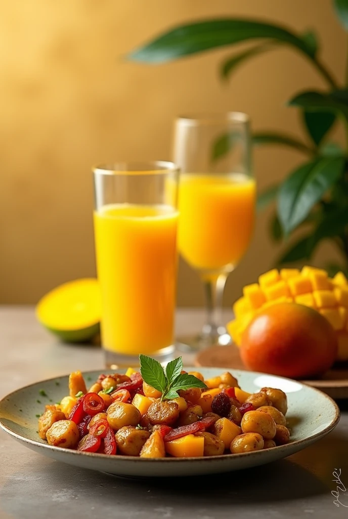 (Image of a plate of food)(a glass of mango juice) simple image 