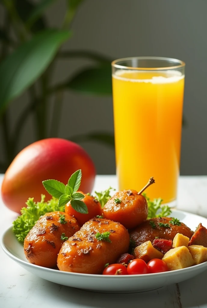 (Image of a plate of food)(a glass of mango juice) simple image