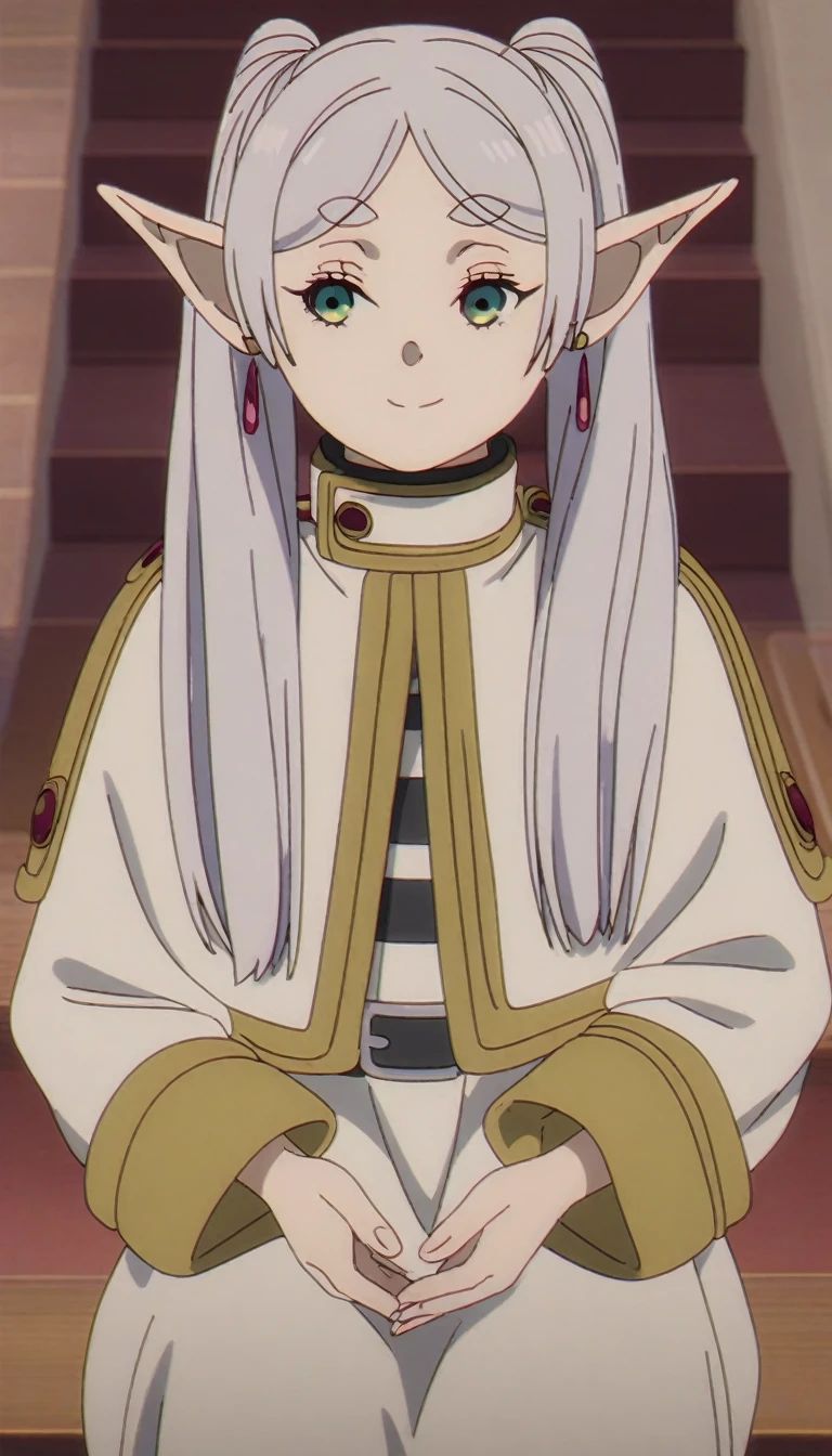 1 beautiful very beautiful woman sitting on a set of stairs with a baby next to her, anime, smiling, (frieren, pointy ears, elf, earrings, twintails, parted bangs, grey hair, thick eyebrows), the baby in the picture has light blue hair and green eyes