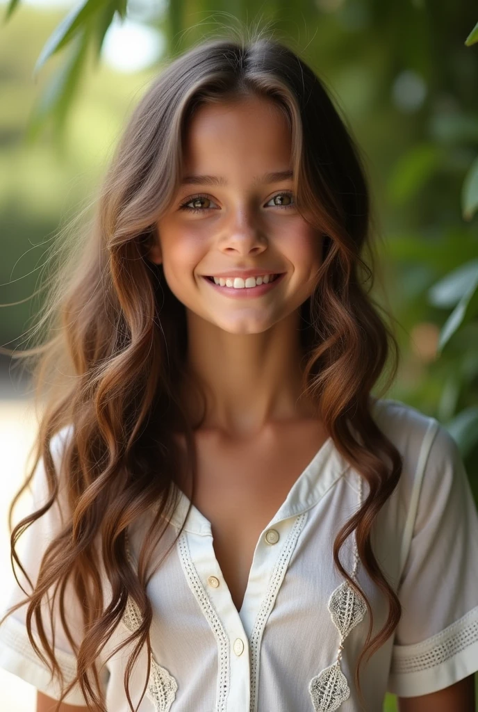 A tropical Brazilian style girl with wavy light brown hair, 4k multi frontal image, is wearing a white lace blouse, smiling, long hair, create variations of the first one
