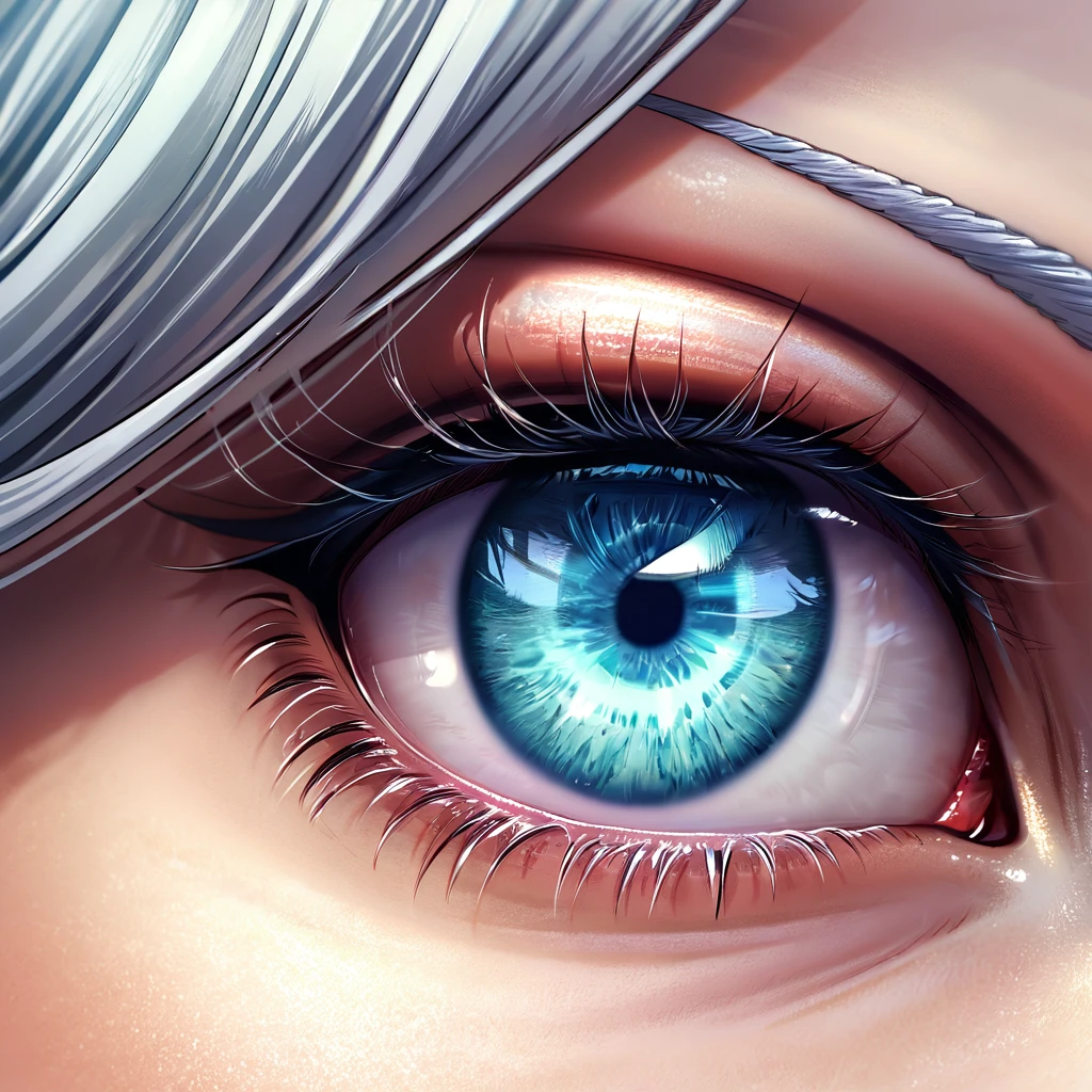 ultra detailed, High resolution, HdR, absurdities, satoru gojo woman, white hair, wavy, blue eyes, steal with style, piercing, attractive woman, extremely pretty, Alone, very detailed face and eyes., Jujutsu Kaisen