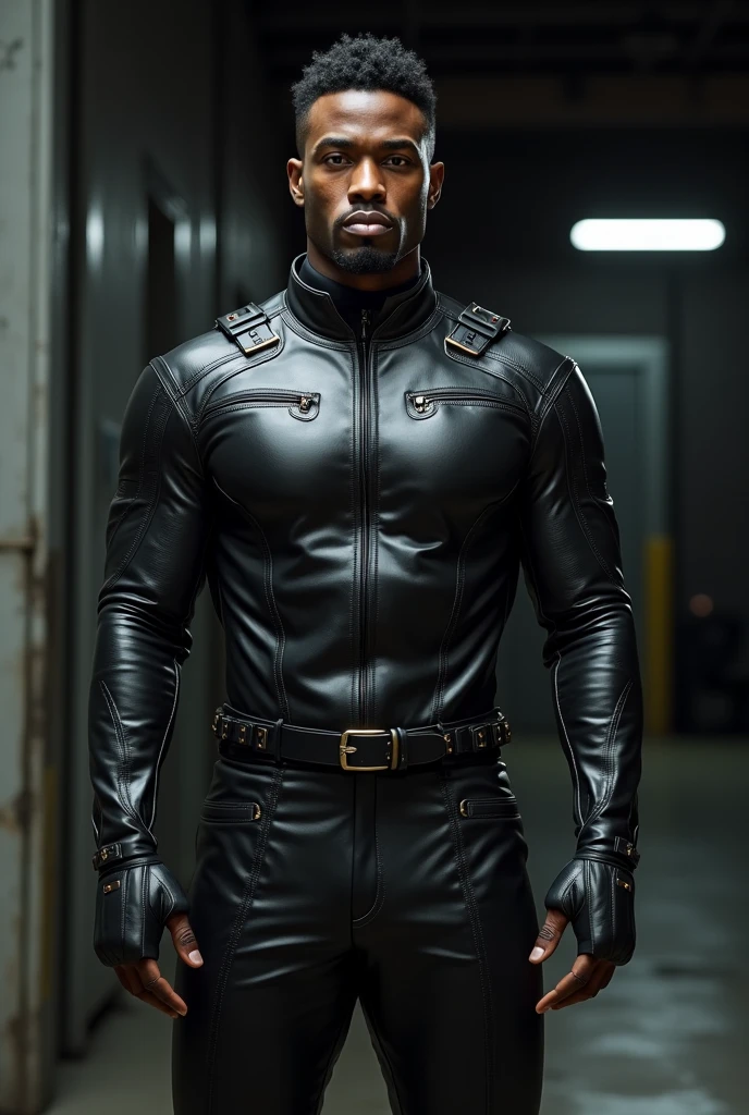 Young black man dressed in a full leather uniform