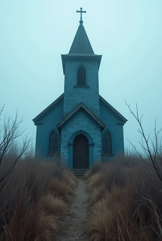 OLD DARK BLUE CHURCH, around it there is dead and dry grass.