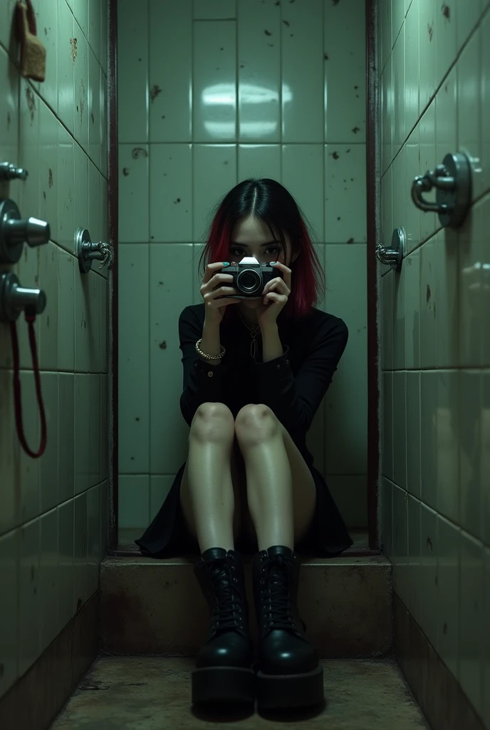 Emo girl 1 wearing platform sandals taking photos of herself in the bathroom mirror sitting