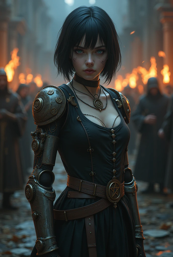 Pale girl with short black hair, from the realistic middle ages, blue eyes dark clothes, detailed steampunk left arm prosthesis, right arm holding a flintlock pistol with a pentagram, cut on the face, the night, with a religious group with fire in the background behind
