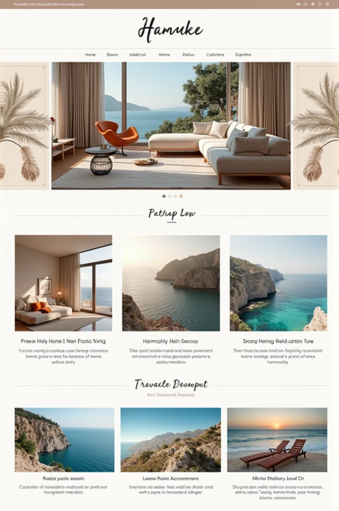 Create an image of a professional and artistic blog homepage design that combines themes of home decor and travel. The layout should be modern and elegant, featuring high-resolution images of chic interiors and stunning travel destinations. Use a refined color scheme with soft textures and stylish fonts. The design should include well-organized sections for content, intuitive navigation, and artistic touches that evoke luxury and exploration