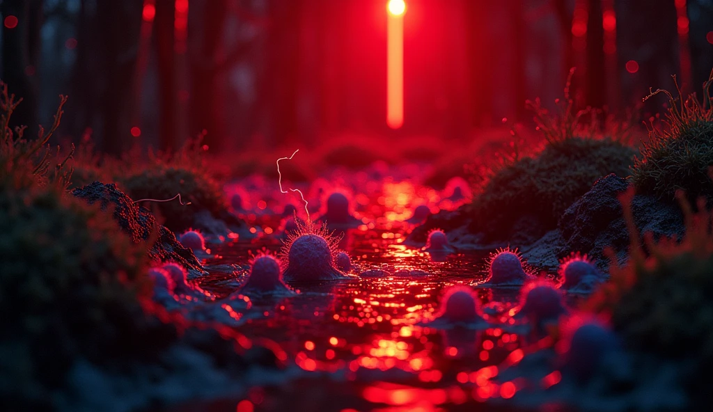 Bacteria in a puddle , mysterious scene, electrifying ends of the discharge ,  dark red backlit lights 