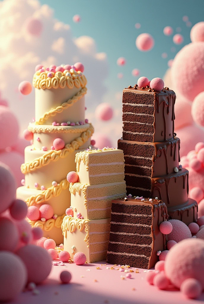 Create an image of many giant cakes, They must be single-tier cakes and you must include one vanilla and one chocolate., that some are sliced or broken