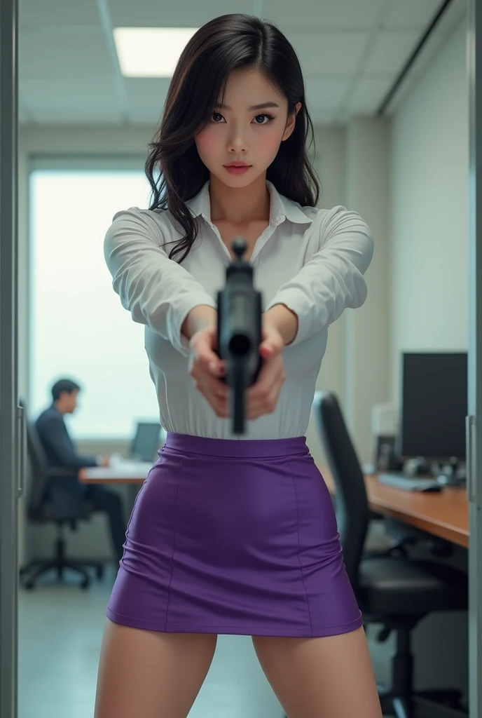 camera back view facing real person eyes open realistic beautiful japanese office lady white shirt tight mini skirt satin violet stance legs open spreading arms straighten full portrait holding rifle gun back view facing sexy legs waist level aiming target point at you