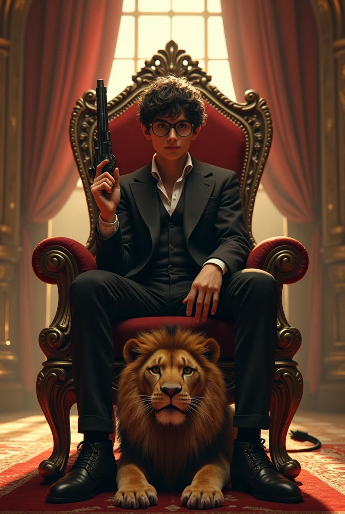 A cute boy wearing gangster style dress and Glasses holding Black Rose in one hand and 2nd hand holding gun, sit on king chair ina a castle
And a loin sit on ground realistic 8k warm light