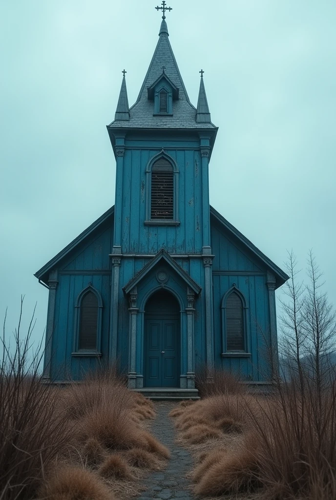 OLD DARK BLUE CHURCH, around it there is dead and dry grass.