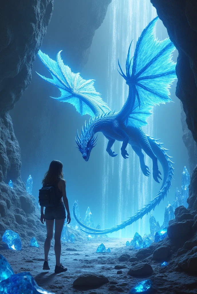 Adamancipator researcher , woman, Crystal Stones,cave, blue Crystal stone dragon with Giant  wings and arms and legs ,flying 
