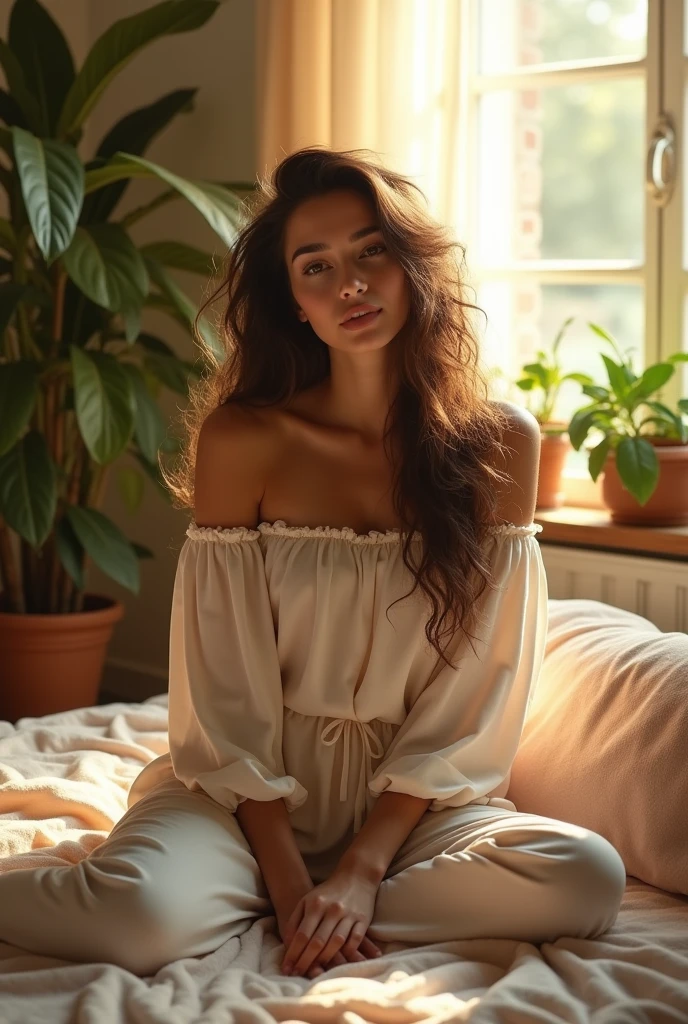 (photorealism:1.2), beautiful woman, sitting on bed, wearing loose off-shoulder top, pajama pants, long curly hair, indoors, soft lighting, plants in background, window with sunlight, cozy room, relaxed pose, realistic, intricate details, warm colors, by Greg Rutkowski, by Alphonse Mucha