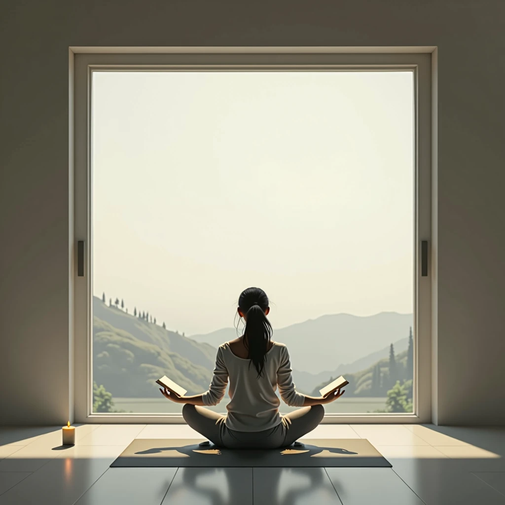 A solitary figure in a tranquil, minimalist space—perhaps a calm room with a window showing a serene outside view. The person is engaged in activities like reading financial reports, exercising, or meditating. The background is peaceful and sparse, emphasizing the solitude that comes with self-improvement efforts.