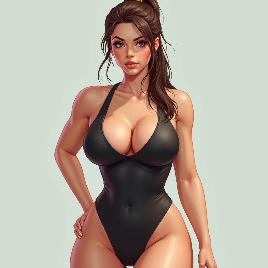 Curvy swimmer girl in extremely tight one piece swimsuit, she is got and flushed, her hair is tied back in a tight pony tail. Her hair is brown and longLooking at viewer, large breasts and cute medium sized thighs
