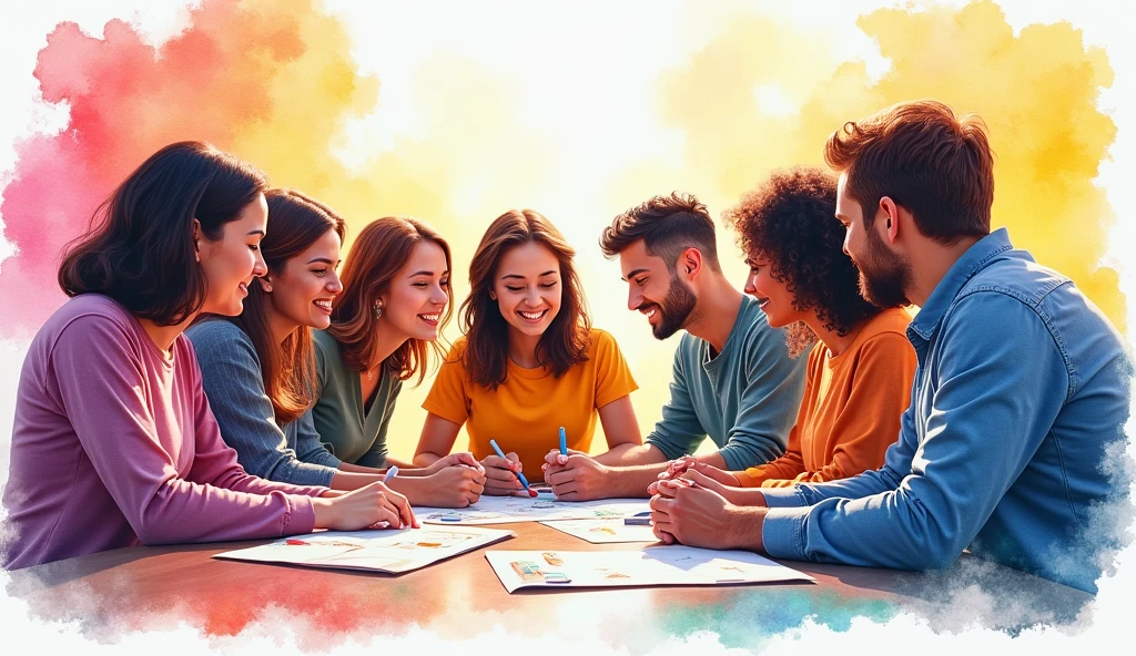 watercolor art a group of people and a team leader colorful image