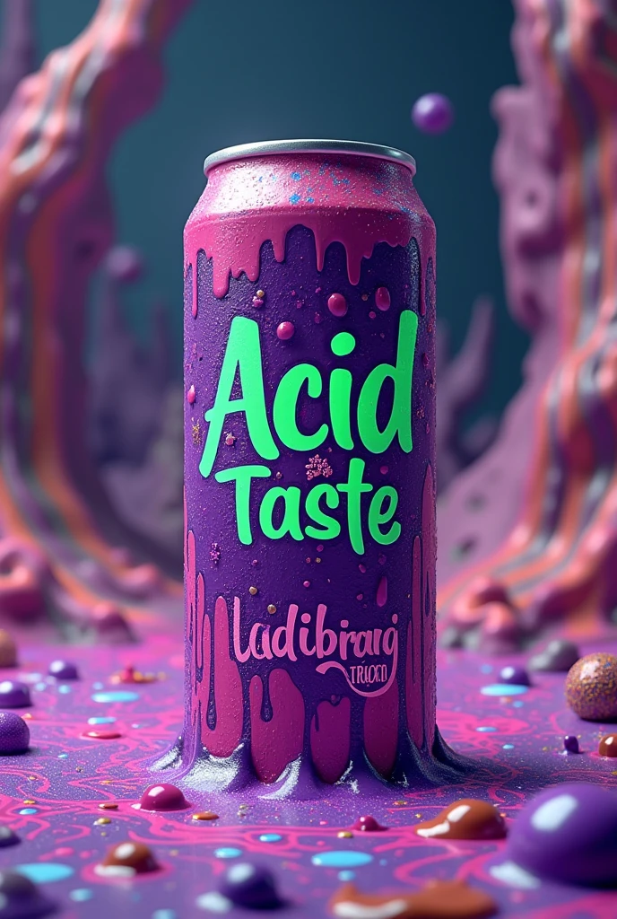 Psychedelic art melting from a purple energy drink can that says Acid Taste, written in green and underneath written in small letters Lysergic Acid Diethylamide Soda written in pink