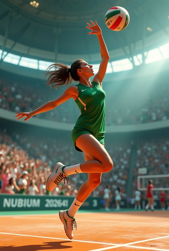 Woman in her green uniform is playing volleyball in front of the crowd
