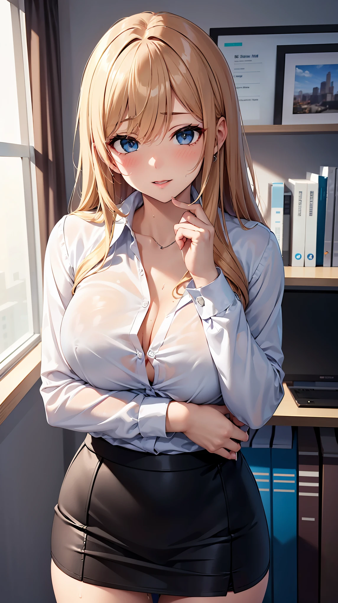 （（super high quality,））（（Ultra-high resolution,））（16K,）（super masterpiece,）（（Ultra HD ,））（Detailed shading,）One sexy mother,Office Lady,One Boy,（（popped Tight collar White shirts,））Unbutton the third button,Long sleeve,Black tight skirt,Hands on the man&#39;s head,Glasses,blush,Ahegao,necklace,wedding ring,Sweaty,Flowing Love Juice,The boy hugs him from behind,Dimly lit living room,