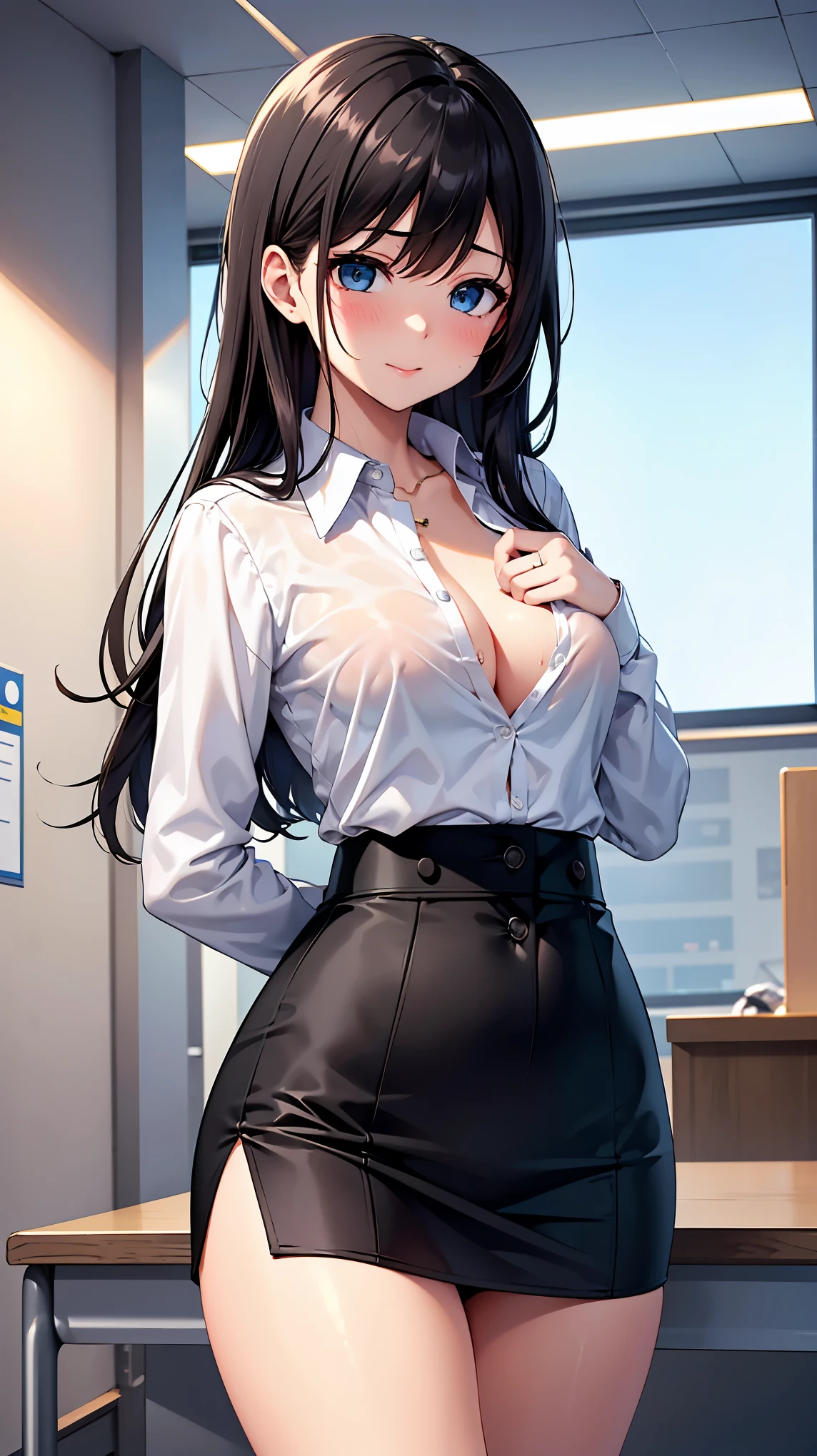 （（super high quality,））（（Ultra-high resolution,））（16K,）（super masterpiece,）（（Ultra HD ,））（Detailed shading,）One sexy mother,Office Lady,One Boy,（（popped Tight collar White shirts,））Unbutton the third button,Long sleeve,Black tight skirt,Hands on the man&#39;s head,Glasses,blush,Ahegao,necklace,wedding ring,Sweaty,Flowing Love Juice,The boy hugs him from behind,Dimly lit living room,