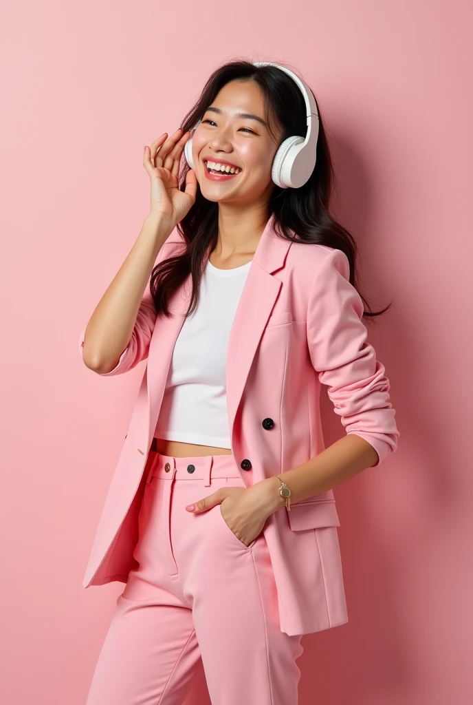 Cheerful young asian woman girl in pink clothes without background studio. People lifestyle concept. Mock up copy space. Listening music with
headphones