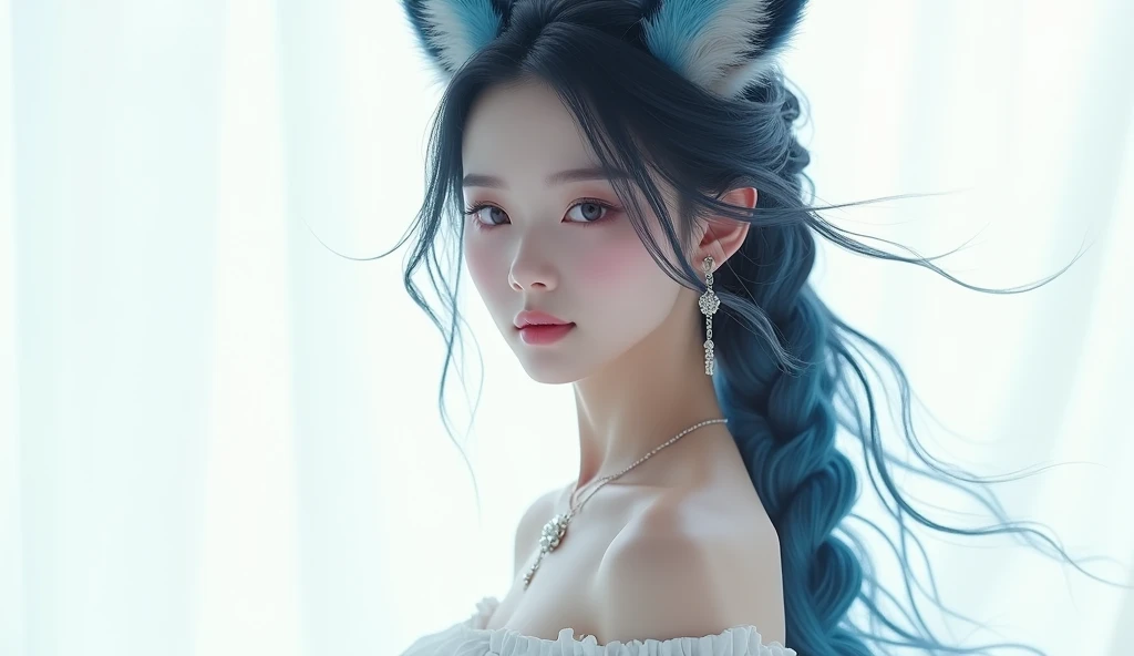 work of art, best qualityer, high resolution, (white background: 1.4), [sheen], [gazing at viewer, portraite, 1 Chinese sweet], (long hair, hair blue, wavy curls, Multicolored twisted big braid: 1.3, furry fox ears, fringe of ar), White off-the-shoulder short sleeves, Delicate facial features, pink lips, aretes, necklase