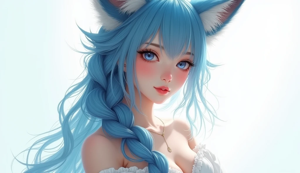 work of art, best qualityer, high resolution, (white background: 1.4), [sheen], [gazing at viewer, portraite, 1 Chinese sweet], (long hair, hair blue, wavy curls, Multicolored twisted big braid: 1.3, furry fox ears, fringe of ar), White off-the-shoulder short sleeves, Delicate facial features, pink lips, aretes, necklase