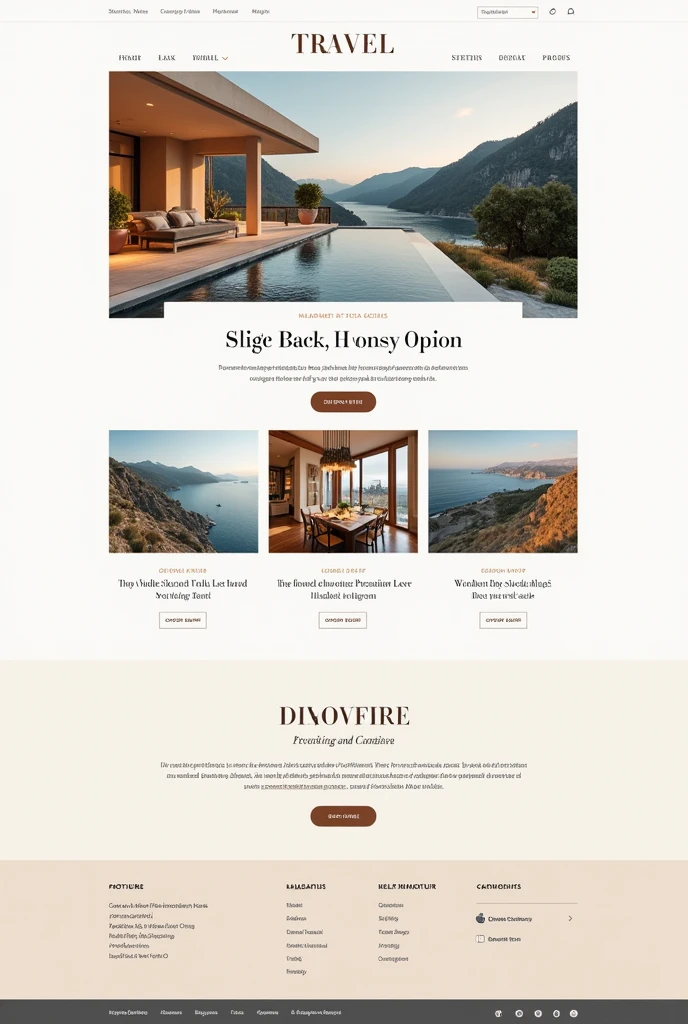 Create an image of a professional and artistic blog homepage design that combines themes of home decor and travel. The layout should be modern and elegant, featuring high-resolution images of chic interiors and stunning travel destinations. Use a refined color scheme with soft textures and stylish fonts. The design should include well-organized sections for content, intuitive navigation, and artistic touches that evoke luxury and exploration