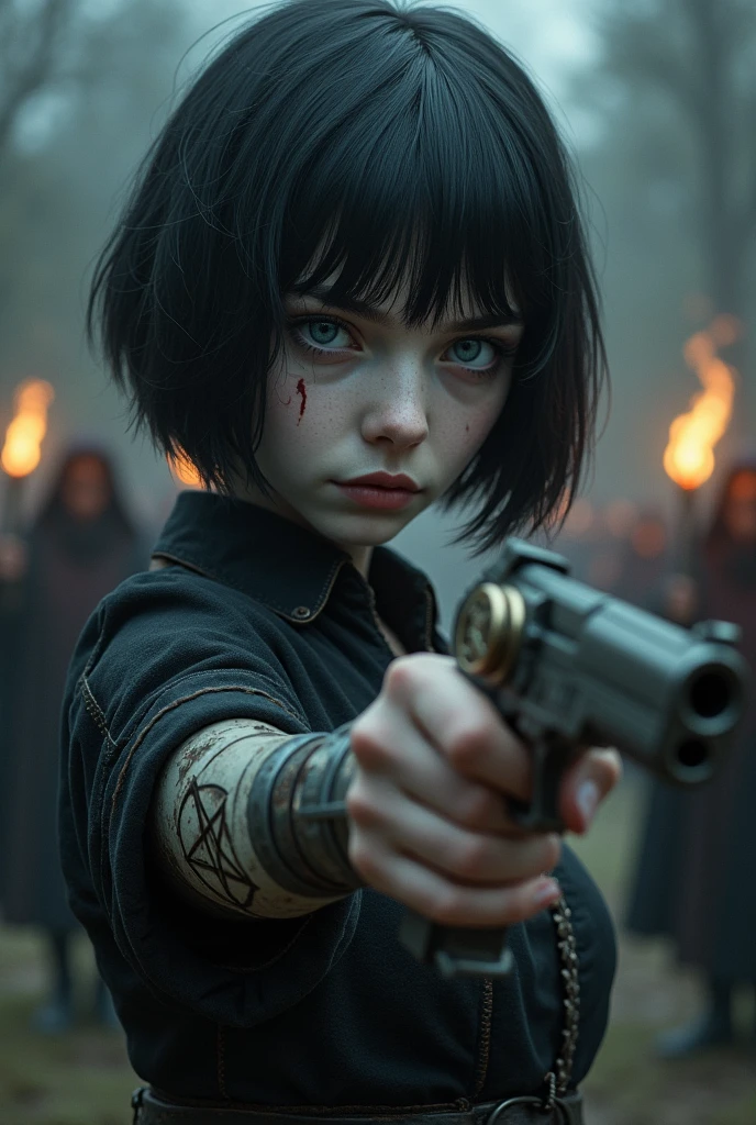 Pale girl with short black hair, from the realistic middle ages, blue eyes dark clothes, detailed steampunk left arm prosthesis, other arm holding a flintlock pistol with a pentagram symbol, cut on the face, the night, with a religious group with fire in the background behind