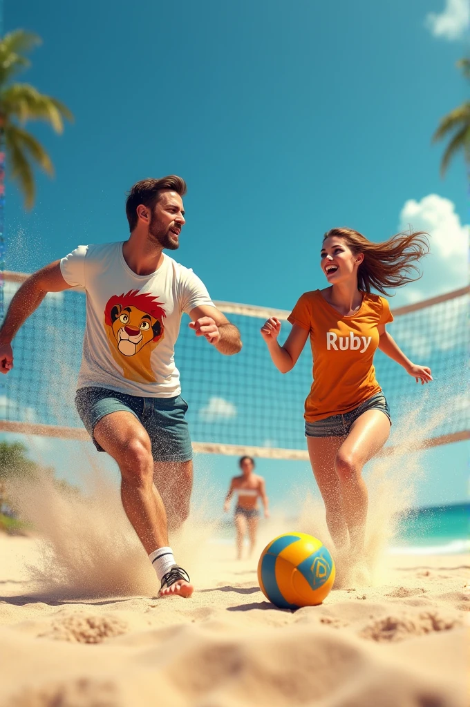 A guy with a t-shirt that says simba and a girl with a t-shirt that says ruby are playing volleyball. The guy spikes the ball hitting the girl in the face