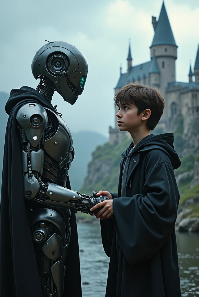 Harry Potter holding hand of robot in front of Hogwarts 
